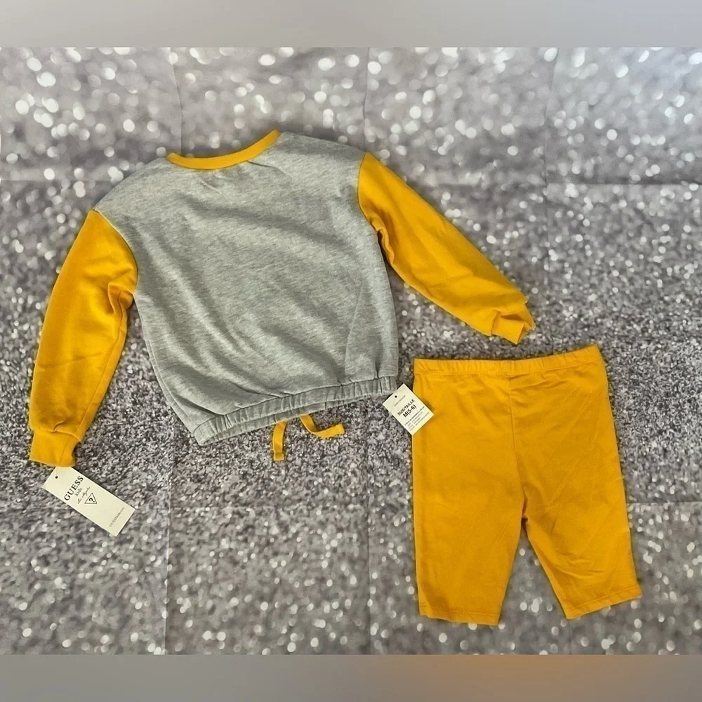 Guess Toddler Girl 2-Piece Grey &Yellow Drawstring Sweatshirt & Bike Shorts Set